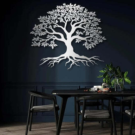 VTHTA Large Tree of Life Metal Wall Art,Tree Wall Sign for Living Room Bedroom Indoor Outdoor Garden Home Decoration (Sliver, 28" Wx24 H/70x61cm, Metal Wall Art)