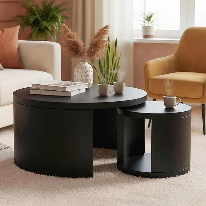 Round Coffee Table Set of 2, Nesting Coffee Tables with Storage,Living Room Table Set,Modern Wood Center Table for Living Room,Apartment,31.5" & 18" Coffee Table Set,Black