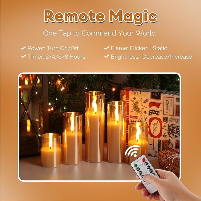 Gold Glass Flameless Candles with Remote Batteries, Flickering Slim LED Pillar Candles Christmas Holiday Decor Set of 5