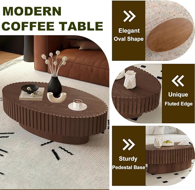Oval Drum Coffee Table 43.3" Wooden Coffee Tables Modern Handcrafted Fluted Drum Center Table Farmhouse Tea Table with Pedestal for Living Room Small Space,Oval Brown 43.3"