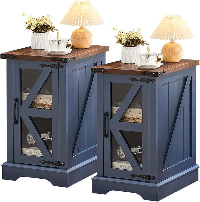 Farmhouse 14'' Side End Table Set of 2, Narrow Night Stand with Glass Barn Door, Storage Bedside Tables, Nightstand Cabinet Organizer for Small Spaces Living Room Bedroom