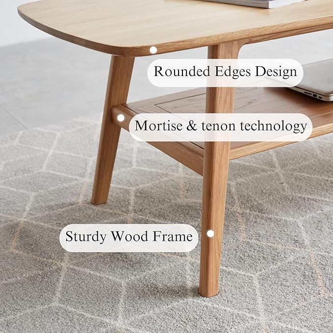 Mid Century Modern Coffee Table: 100% Solid Wood Coffee Table - 2-Tier Storage Design - Practical Coffee Tables for Living Room, Apartment, Easy Assembly (Natural, 47.24")