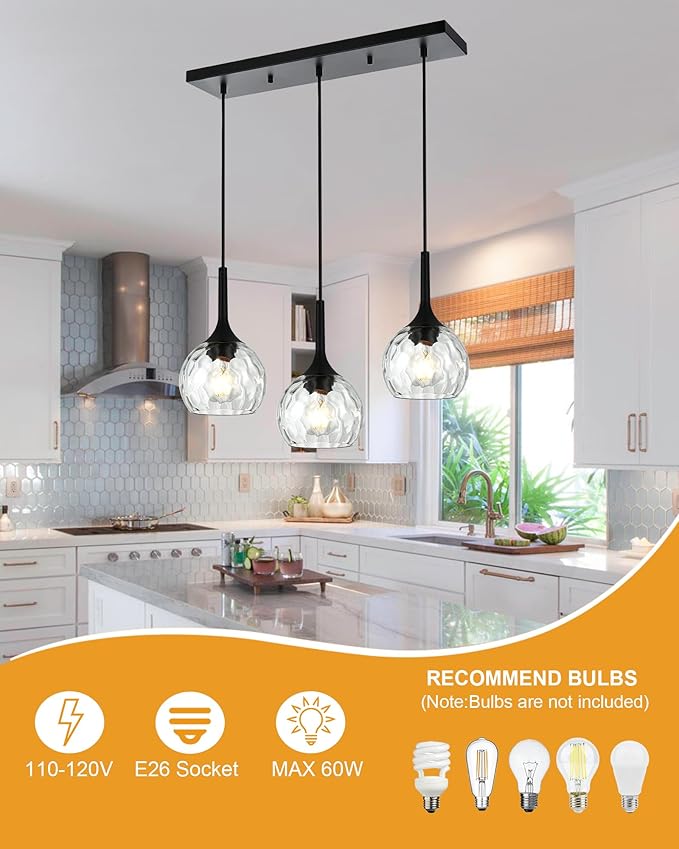 VINLUZ Linear 3-Light Hanging Pendant Kitchen Island Light in Black Finish, Modern Chandelier with Round Ribbed Glass Shades for Dining Room and Hallway