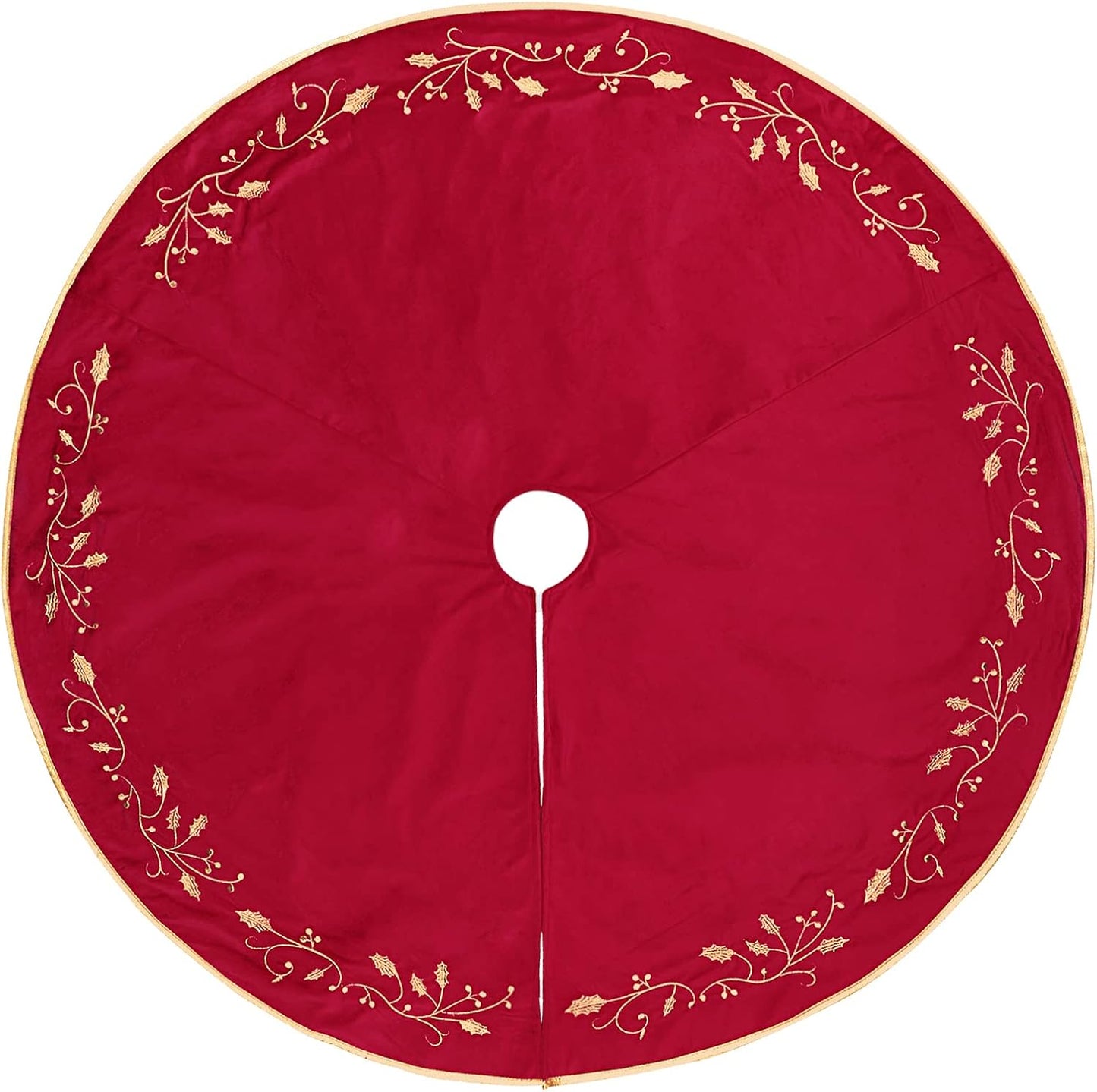 Christmas Tree Skirt, 48 inches Red Luxury Velvet Plush Fur Skirts with Gold Embroidered Holly Leaf for Rustic Xmas Tree Holiday Decorations