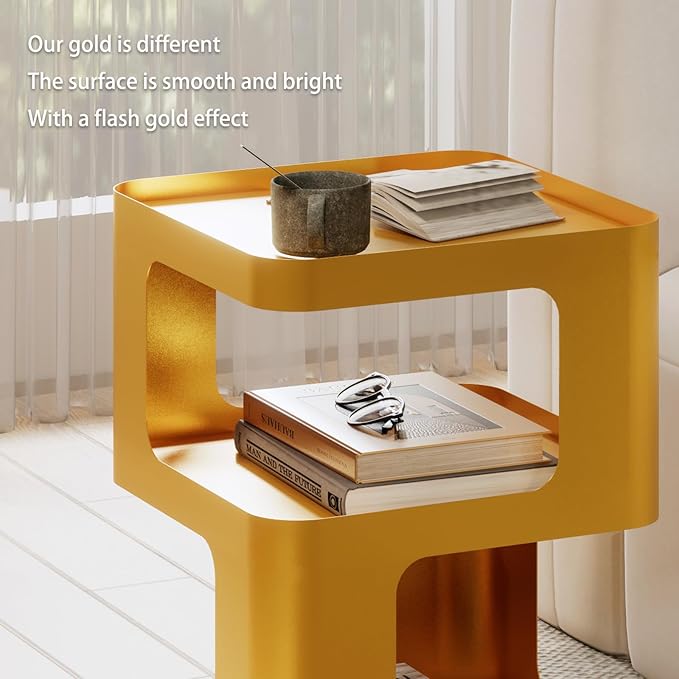 Gold Side Table,Modern end Table with Storage,Unique nightstand,Metal Bedside Tables,Accent Table for Living Room,Bedroom,Couch.no Assembly Required