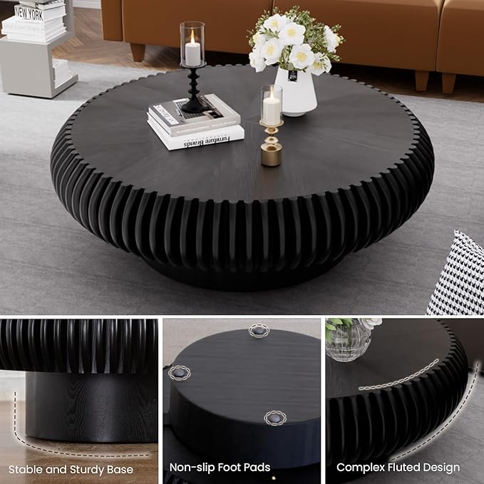 39.3" Drum Coffee Table Modern Unique Fluted Tea Table Contemporary Wood Round Coffee Table with Fluted Centry Table for Living Room Walnut (39.3" Black)