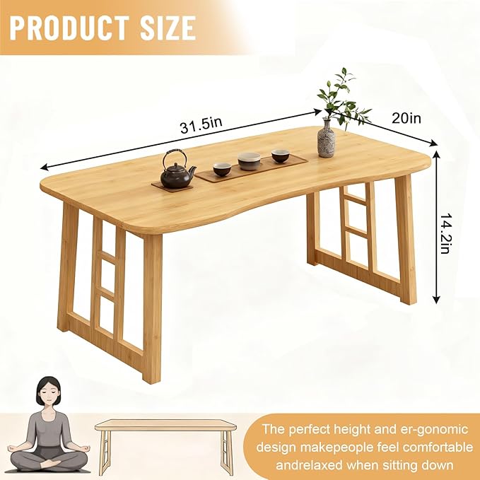 Japanese Folding Coffee Table,Bamboo Foldable Floor Low Table, Meditation Tea Table for Sitting On The Floor Suitable for Tatami Living Room Bay Window, No Assembly Required (Wood Color)
