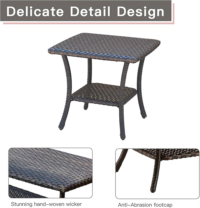 Rilyson Patio Tables Outdoor Coffee Table - Wicker Rattan Side Tables with 2-Tier Storage Shelf End Table for Porch Deck Balcony Garden Outside Square Brown