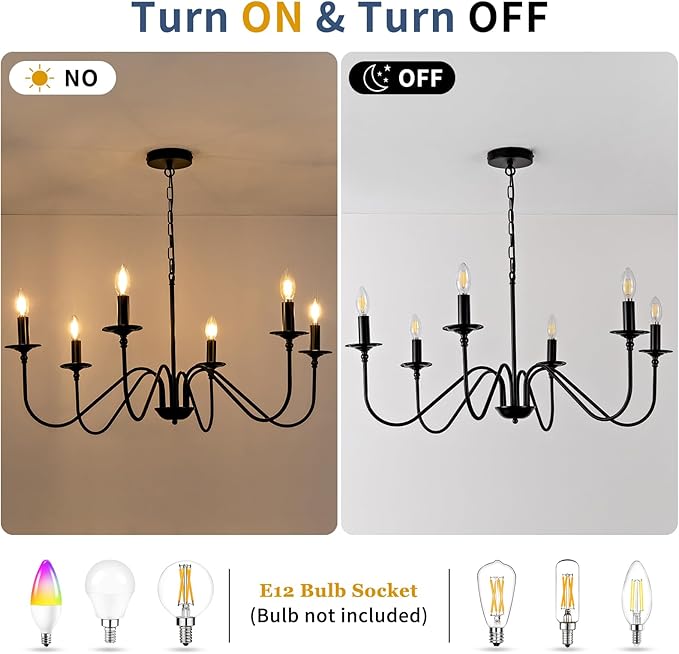 Black Farmhouse Chandeliers, 6 Light S-Arm Modern Candle Hanging Pendant Light, Industrial Rustic Metal Ceiling Kitchen Island Light for Living Room, Entryway, Foyer, Bedroom, Dining Room