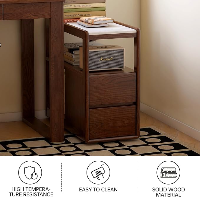 100% Solid Wood Side Table with Wheels, Narrow Side Table with Storage Drawers, Rolling Bedside Table for Bedroom Living Room Space Saving (Walnut, 11.81" D x 26.77" W x 23.23" H)