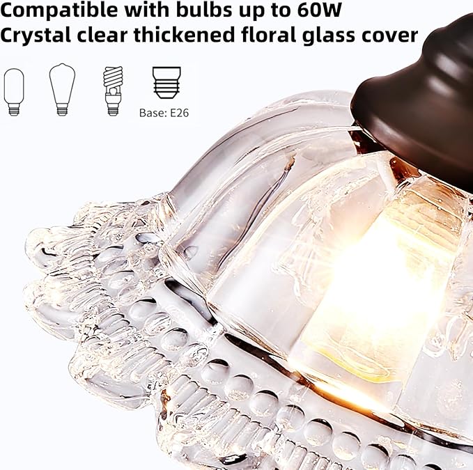 Vintage Pendant Light Fixtures for Kitchen Island,3-Light Black Dinner Room Chandelier with Flower Lampshade, Adjustable Height Hanging Light Fixture for Hallway Entryway