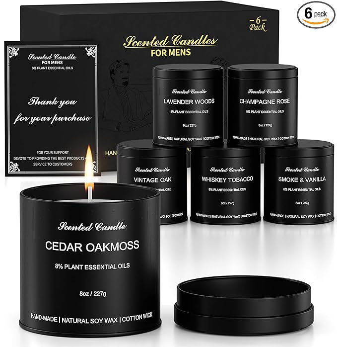 Men Scented Candle Set | Gifts for Men Aromatherapy Candles | 6 Pack Fragrances Black Tin Jar Candles | Scented Candle for Home,Work,Party | Manly Soy Candle Gifts for Boyfriend,Farther and Christmas