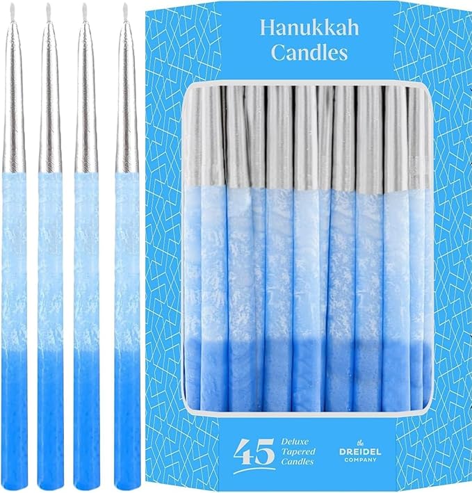 The Dreidel Company 45 Metallic Hanukkah Frosted Premium Tapered Hand Decorated Chanuka Candles (Metallic Silver w/Blue Frost) (24-Pack)