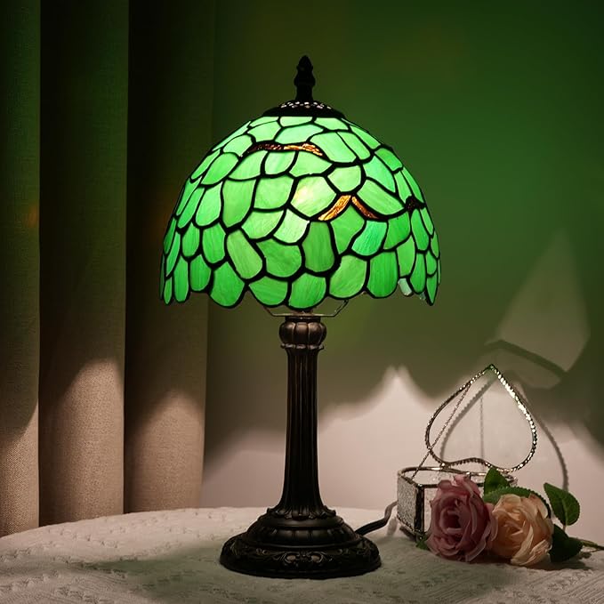 Tiffany Lamp - Green Leaf Stained Glass Table Lamp 8x8x14 Inches - Green Leaf Style Desk Reading Light - Bedroom & Living Room Decor