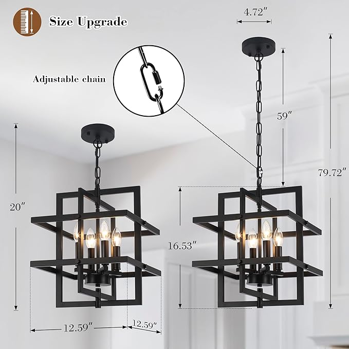 Modern Black Chandelier Rectangle Industrial Chandeliers Dining Room Hanging Pendant Light Fixtures for Kitchen Island Living Room Bedroom Foyer Height Adjustable