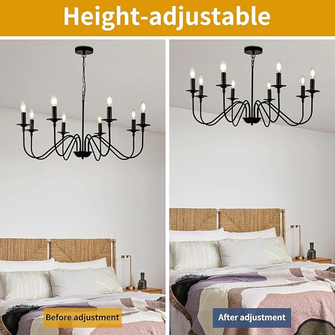 Black Farmhouse Chandeliers, 8 Light S-Arm Modern Candle Hanging Pendant Light, Industrial Rustic Metal Ceiling Kitchen Island Light for Living Room, Entryway, Foyer, Bedroom, Dining Room