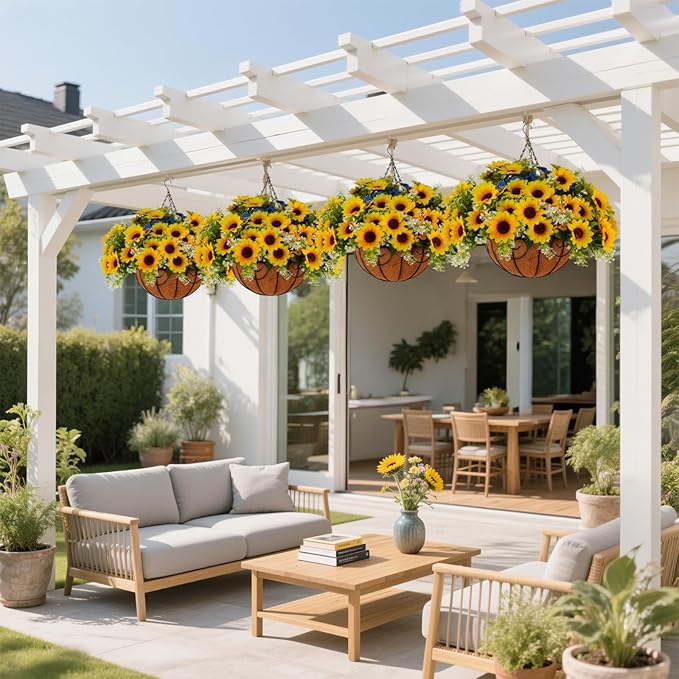 Artificial Fake Fall Sunflower Plants Flowers for Outdoor Outside Decoration,12 Bundles Faux Silk Sunflowers UV Resistant Look Real No Fade for Front Door Porch Patio Yard Balcony Autumn Decor