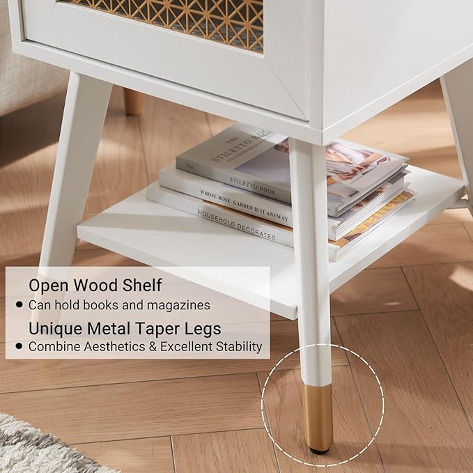 Small White Side Table for Living Room & Bedroom, Boho Nightstand with USB Ports & Outlets, Storage Drawer & Open Shelf, Mid Centry Style Furniture for Home Decor