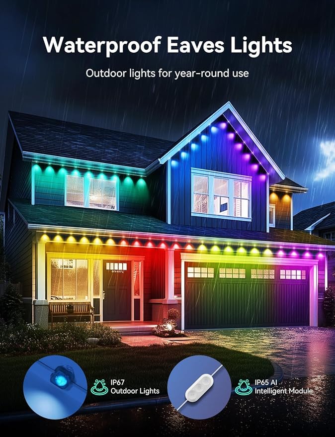 Permanent Outdoor Lights, 150ft Smart IC+RGB Outdoor Christmas Lights with 108 LED, IP67 Waterproof LED Eaves Lighting with DIY Scene Modes for Halloween Holiday Decor, Smart APP & Remote Control
