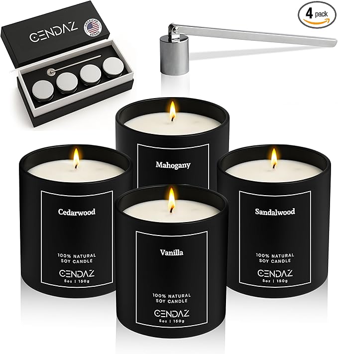 Mens Candle Set 4 Pack with Snuffer Included Soy Scented Candles for Men Vanilla Cedarwood Mahogany Sandalwood 120h Total Burn Luxury Gift for Bedroom Black Home Decor Masculine Aroma Jar Candle Kit