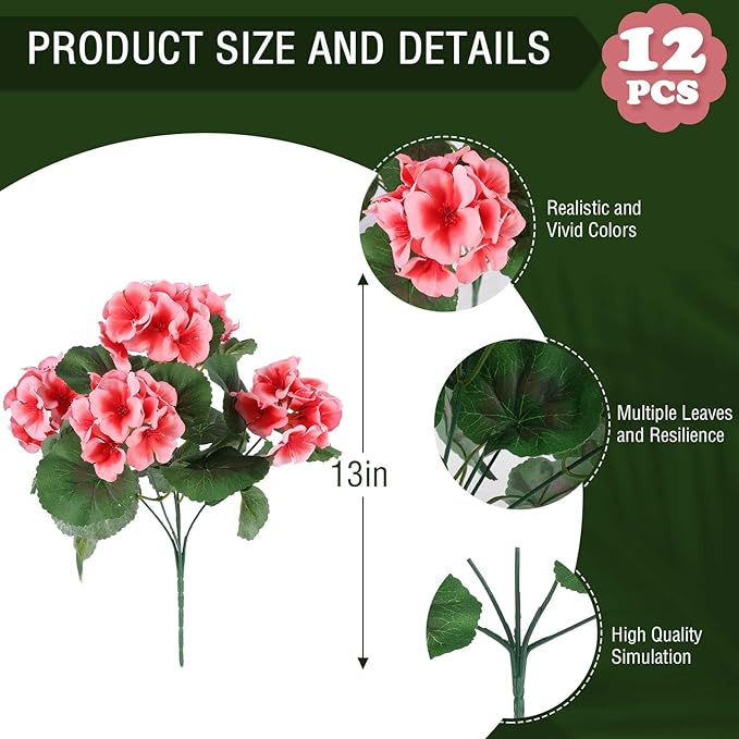 Hananona Artificial Geranium Flowers for Outdoors Geranium Silk Flowers Outdoor UV Resistant Garden Plants Faux Flowers for Home Kitchen Table Centerpieces Decor (12, Peach)