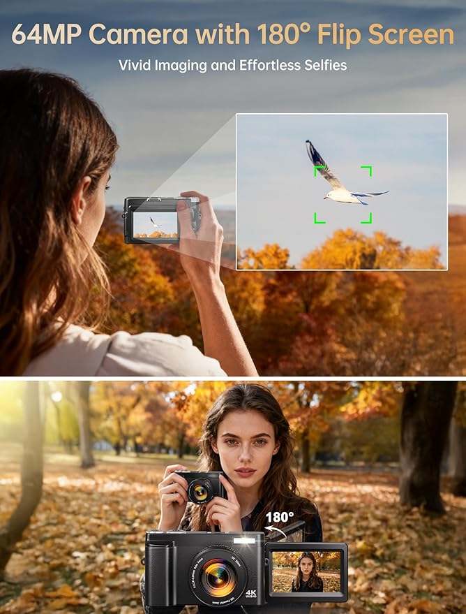 4K Digital Camera for Photography, 64MP Autofocus WiFi Vlogging Camera for YouTube with 3'' 180° Flip Screen,Travel Camera with SD Card, Point and Shoot Digital Camera 16X Zoom, UV Filter,2 Batteries