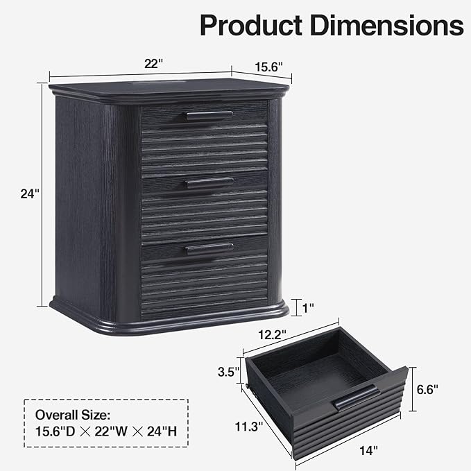 Okvnbjk 22" Wide Fluted Nightstand Set of 2 with Charging Station, Modern End Table for Living Room, Bedroom, Home Office, Wood 3 Drawer Dresser, Large Bedside Tables, Curved Profile Design, Black