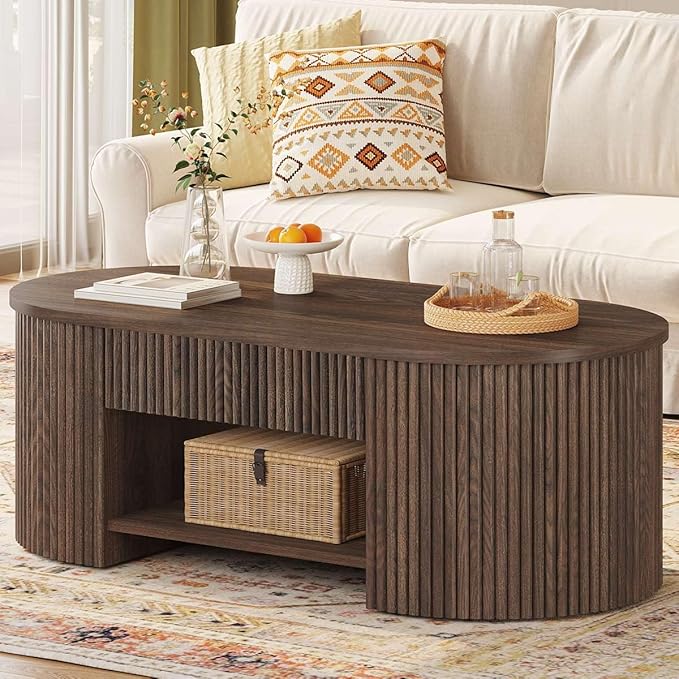 FATORRI Coffee Table with Storage, Mid Century Modern Wood Fluted Center Table with Shelf, Oval Coffee Tables with Drawer (Dark Walnut, 43.31 Inch)