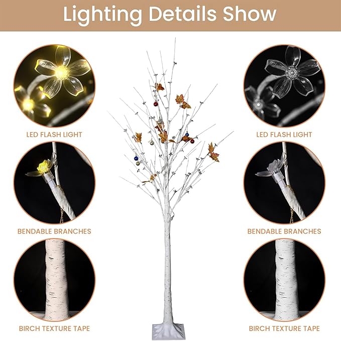 AWQM 4 Feet 5 Feet and 6 Feet Lighted Cherry Blossom Tree, Pack of 3, 200 LED Lights 24 Maple Leaves 24 Balls, for Home, Festival, Party, and Christmas Decoration, Indoor and Outdoor Use (White)