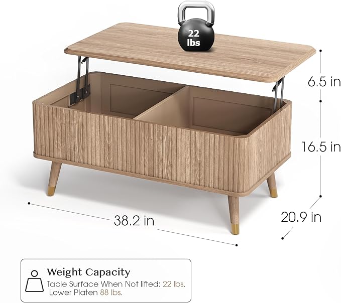 Lift Top Coffee Table with Storage, Mid Century Modern Walnut Fluted Coffee Table, Rectangular Wood Center Table with Rising Desktop & Open Shelf for Work from Home, Living Room, Oak