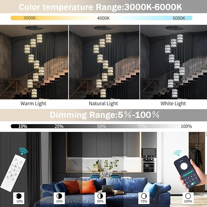 9-Lights Modern Crystal LED Dimmable for Staircase Foyer High Ceiling Chandeliers Hallway Black