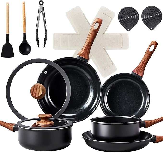 Bonnlo 17 PCS Non-Stick Cookware Set, Cast Aluminum Pots and Pans Set, Induction RV Kitchen Cook Set, Dishwasher Safe, PFAS PFOA & PFOS Free, Black, for Home