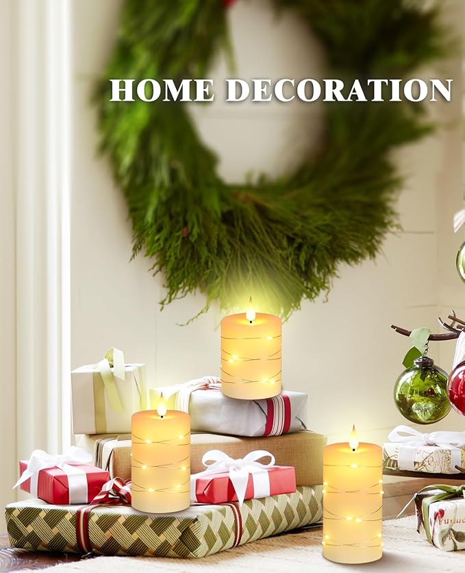 Da by Flameless Candles with String Lights, Battery Operated Candles with Remote and Timer, LED Pillar Candle Real Wax,3 Pack-Ivory White