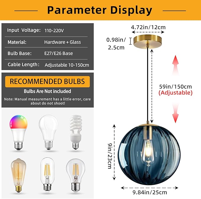 Modern Blue Glass Pendant Light, Kitchen Island Lighting Single Globe Pendant Light Fixtures Century Kitchen Island Pendant Lighting for Bedroom Living Dining Room Light Fixture （Without Bulb）