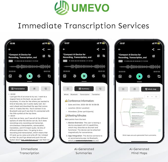 AI Voice Recorder with App Control : AI Transcription, Summarization & Mind Maps, Portable AI Note Taking Device with Case 64GB Memory Recording for Calls, Speeches, Meetings, Interviews(Black)