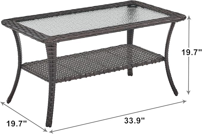 Rilyson Patio Tables Outdoor Coffee Table - Wicker Rattan Coffee Tables with 2-Tier Storage Shelf Glass Top for Outside Proch Deck Balcony Garden Rectangle Brown