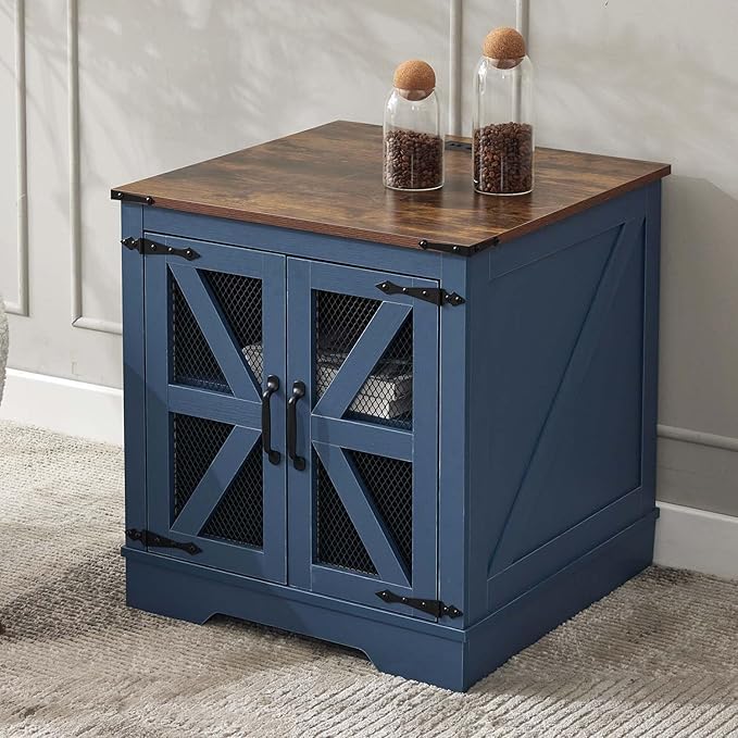21.1" Farmhouse End Table Set of 2 with Charging Station and Mesh Barn Door, Rustic Wood Nightstand with Storage Shelf for Living Room & Bedroom, Navy Blue