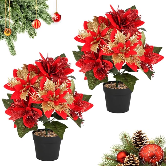 Poinsettia Artificial Christmas Flowers in Pot 7 Heads, 2PCS 13.8 Inch Fake Poinsettias Plants for Home Porch Office Indoor Outdoor Christmas Winter Decorations