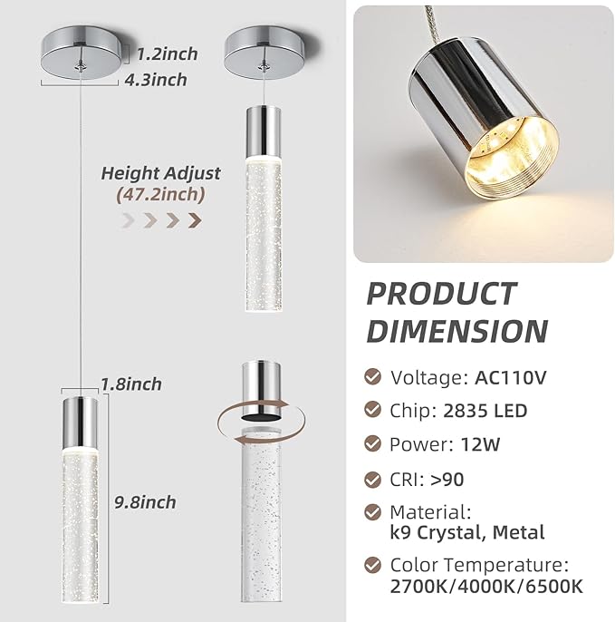Pendant Lights Kitchen Island, 2700-6000K Modern Kitchen Island Lights,Brushed Nickel Dimmable Hanging Light Fixtures with Crystal Bubble, 12W LED Hanging Light for Dining Room, (3Pack)