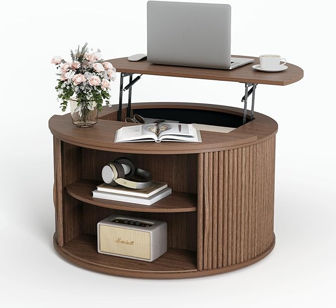 Lift Top Coffee Table with Storage,31.5”Mid Century Modern Round Center Table with Hidden Compartment,Fluted Small Dining Table for Living Room,Home Office,Walnut