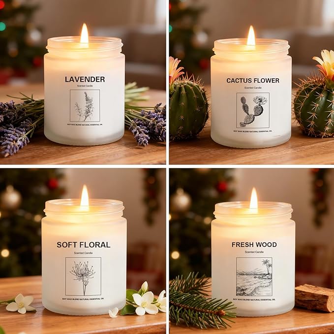 6 Pack Large 9 oz Natural Soy Wax Scented Candles- Lavender, Cactus Flower, Soft Floral & Fresh Wood- Long Lasting Aromatherapy Candle Gift Set for Home Relaxation, Christmas & Holiday Gifts for Women