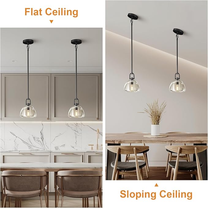 Pendant Light Fixture, 7" Glass Modern Black Pendant Lights Kitchen Island, Hanging Glass Dome Pendant, Black Kitchen Pendant Lighting Over Island, E12 Bulb Included
