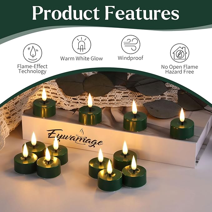 Eywamage Green Christmas LED Tealights with Remote Batteries, Flickering Flameless Tea Lights Votive Candles Set of 12