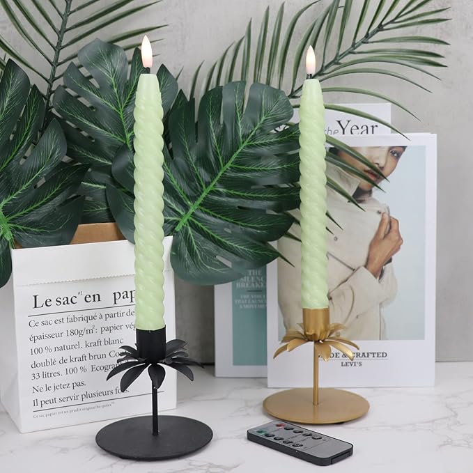 Flameless Taper Candles Green Pastel Flickering with Remote Timer, Battery Operated Warm 3D Wick LED Spiral Candles 6 Pack 9.8" Real Wax Wedding Home Birthday Spring Decor