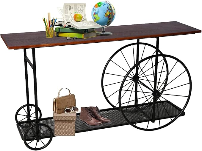 Topower Industrial Style Double Layer Iron Cart Wooden Desktop Center Table, Farmhouse Coffee Table with Wheels for Living Room, Entryway, Coffee Shop, Black