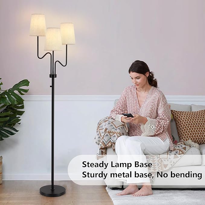 9MMML Farmhouse Dimmable Floor Lamp, Rustic 3-Light Floor Lamp with Fabric Shade, 68'' Tall Floor Standing Lamp for Living Room, Bedroom, Office, Corner, 3 x E26 LED Bulb Included