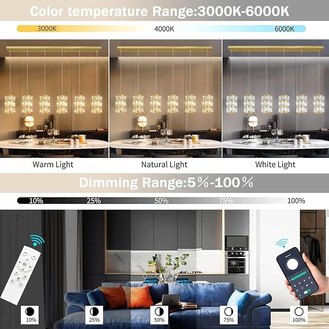 6-Lights Rectangle Modern Crystal Pendant Lights for Kitchen Island LED Dimmable Glam Pendant Lighting Chandelier for Dining Room Hallway Corner Lamp Gold