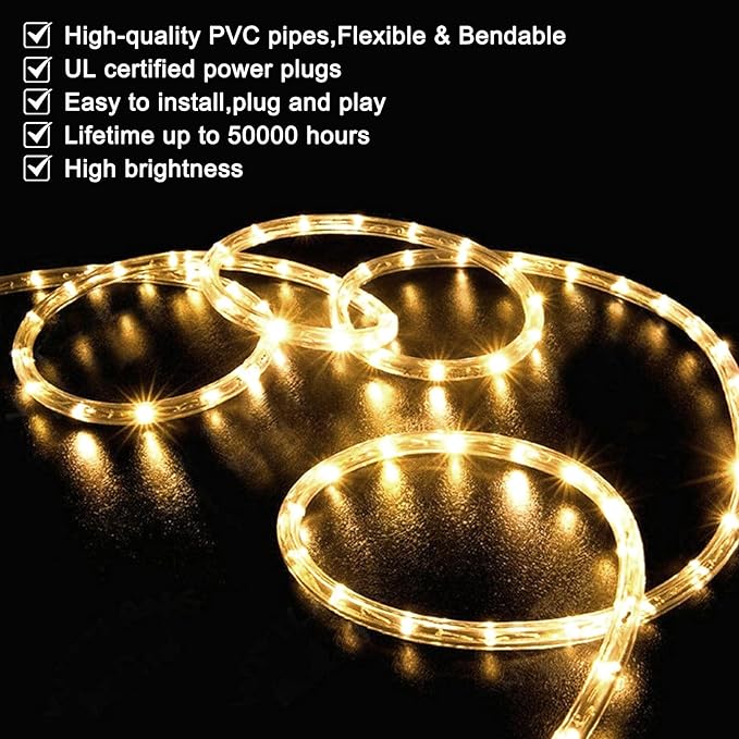 SURNIE LED Rope Lights Outdoor Warm White, Waterproof 10FT Cuttable 3000K Soft Lighting Indoor 110V Flexible Clear Tube for Bedroom Outside Garden Deck Patio Camping Decor, Not Flat Strip