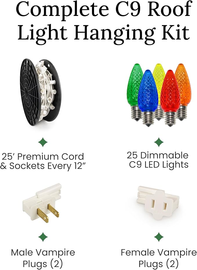 Pro Christmas C9 LED Christmas Light Kit for Rooflines & Pathways – DIY Cut to Length, Outdoor Commercial Grade (White Wire w/Vampire Plugs, 25 Bulbs, 25 ft) Warm White and Red