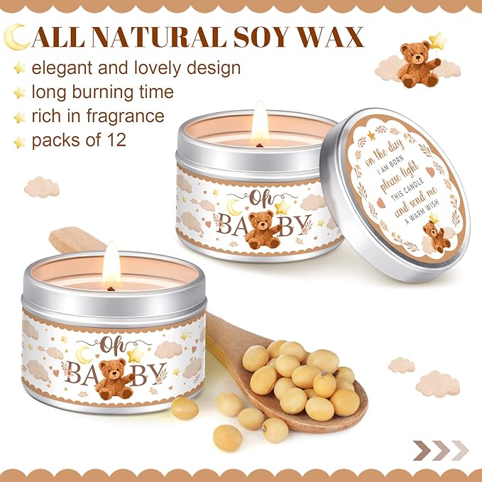 Funtery 12 Pcs Baby Shower Party Favors for Guests Baby Shower Candles Lavender Scented Candle Rustic Tealights Candles Gender Reveal Return Gifts(Bear)